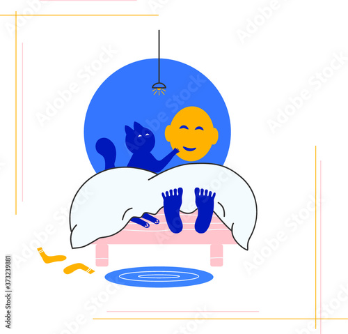 The boy and the cat are lying on the bed. The cat stretches out its paw. Cartoon vector illustration. Sketch.