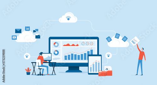flat vector business technology cloud computing service concept and with developer team working concept