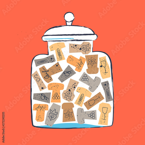 Glass jar with a collection of wine corks. Vector illustration.