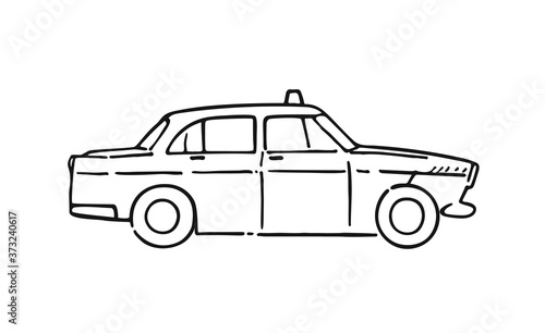 Vector graphic retro Taxi cab on white background. Classic taxi car model side view sketch line vector drawing