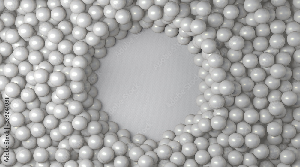Obraz premium 3D rendering, Abstract pile of small white balls, shiny reflection, blank space for copy with paper texture. sphere shape background concept. 