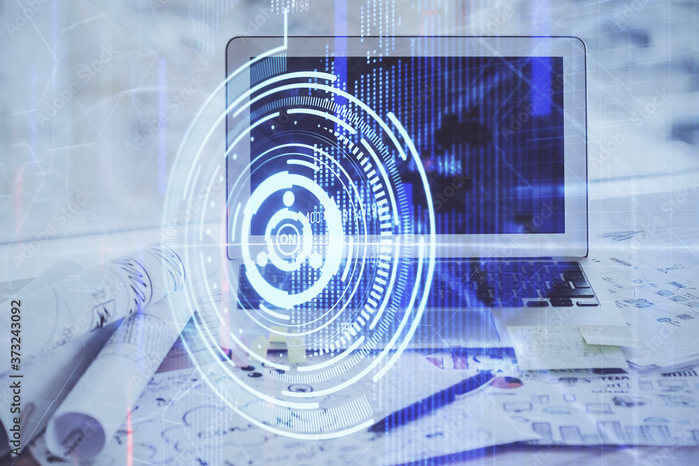 Double exposure of desktop computer and technology theme hologram. Concept of software development. Double exposure of desktop computer and technology theme hologram. Concept of software development.