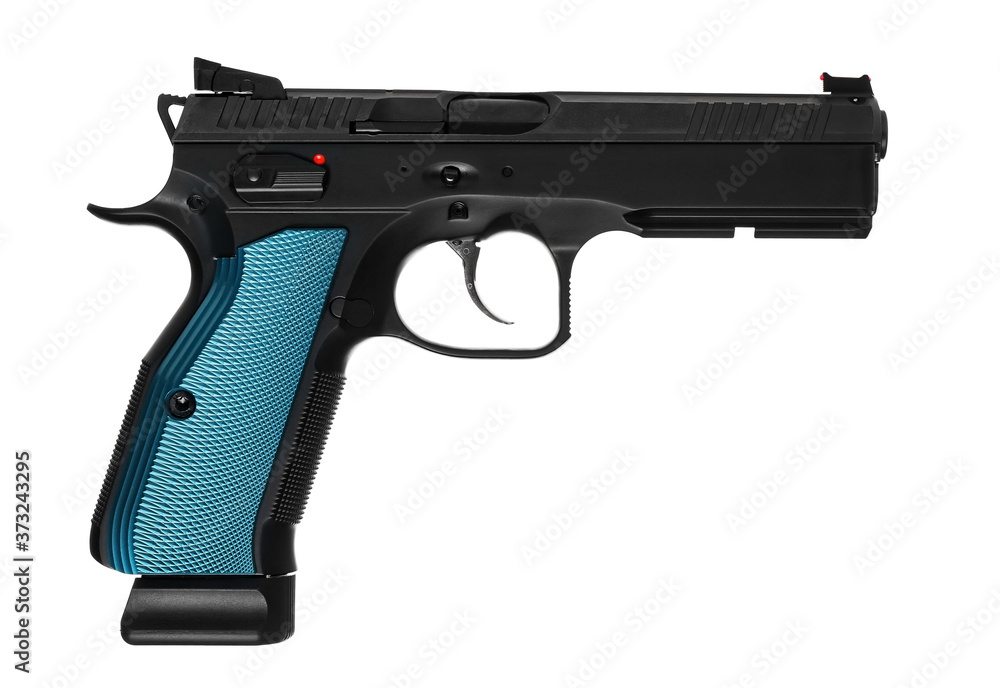Pistol 9 mm, new handgun semi-automatic isolated on white background Pistol 9 mm, new handgun semi-automatic isolated on white background