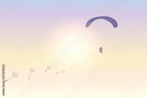 paraglider flies with dandelion seeds in sunny sky vector illustration EPS10