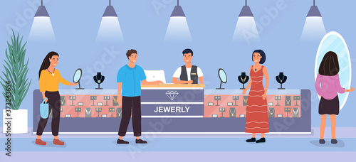 Diverse group of customers looking at jewellery on sale in a store with assistant behind the counter, colored vector illustration