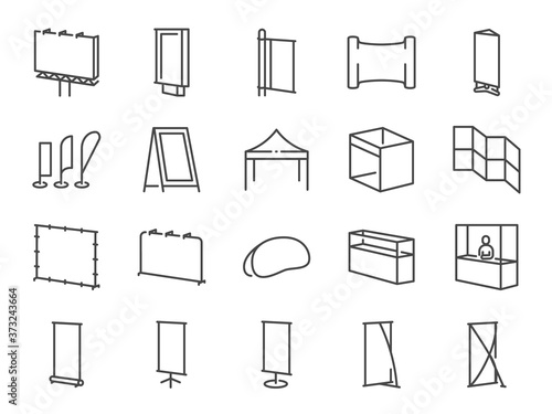 Exhibition line icon set. Included the icons as banner, backdrop, sign, bow flag, booth, advertising and more.
