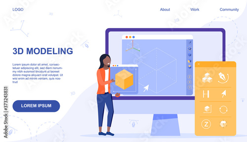 Web page template for online computer 3d modelling showing woman holding printed model and assorted icons, colored vector illustration