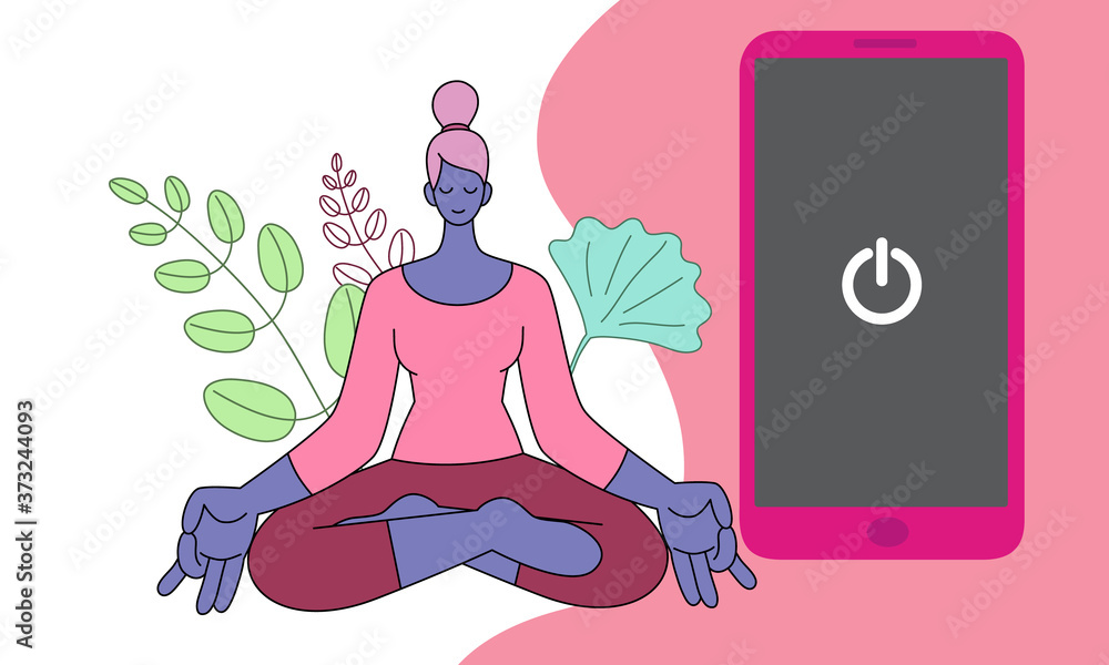 Digital Detox, Social media detox concept illustration in flat style. Young women disconnecting and meditating with yoga relax lotus position at home. Digital Detox, Social media detox concept illustration in flat style. Young women disconnecting and meditating with yoga relax lotus position at home.