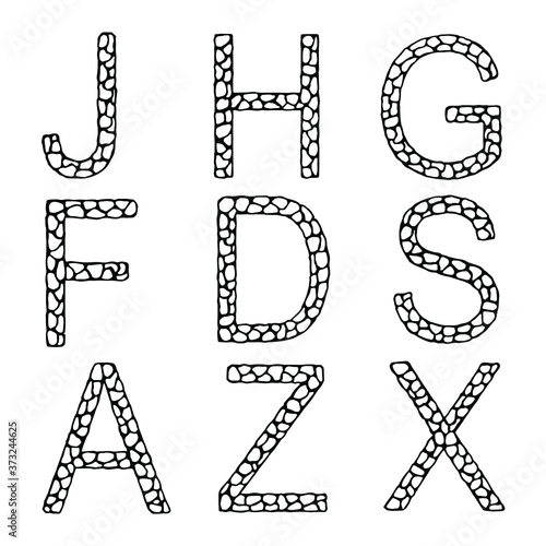 Letters of the English alphabet J H G F D S A Z X. Black-and-white contour vector image.