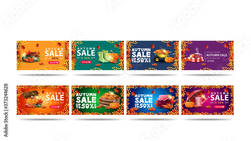 Autumn sale, large collection of autumn discount banners in minimalistic style with garland frame, falling maple leaves, frame made of autumn leafs, buttons and autumn elements