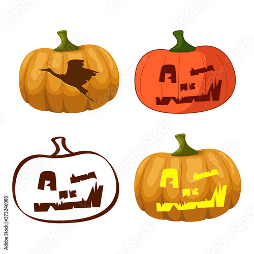Pumpkin. Halloween. Contour. Flat.  Bird. Stork
