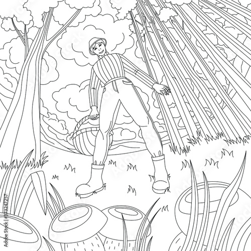 Black and white outline colouring book anti-stress, man, mushroom picker with a basket picking mushrooms in a pine forest