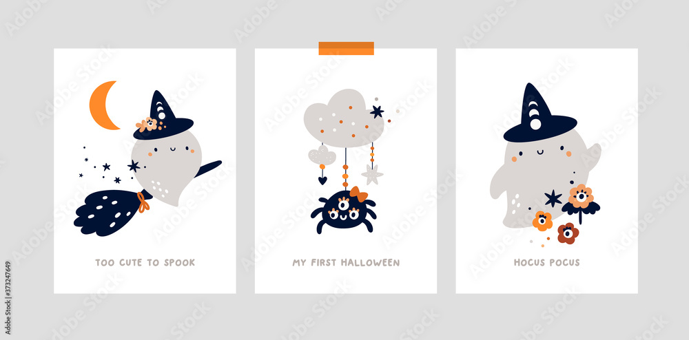 Fototapeta premium Nursery print, poster with little cute ghost. Milestone cards set for happy Halloween party. Baby shower cards collection. Ideal for kids room decoration, clothing, prints, anniversary, party