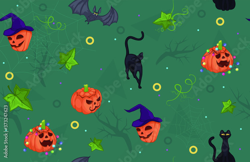 Seamless background of merry Halloween. Black cat, pumpkin, spider web, leaves, pumpkin and bat on green background. For wrapping paper, Wallpaper or banners.