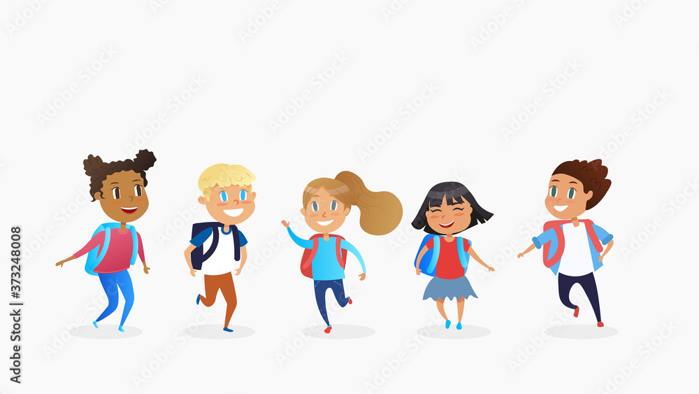 Multiracial boys and girls with schoolbags running to school. Back to school concept. Multiracial boys and girls with schoolbags running to school. Back to school concept.