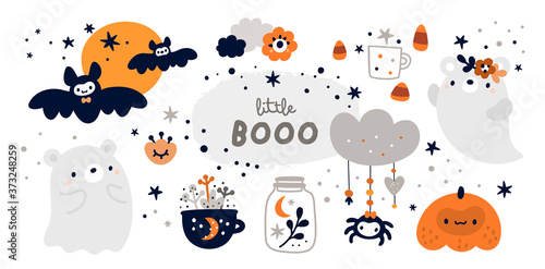 Happy Halloween collection with design elements. Halloween collection isolated on white background. Ideal for cards, poster, prints, anniversary, invitation and party decoration