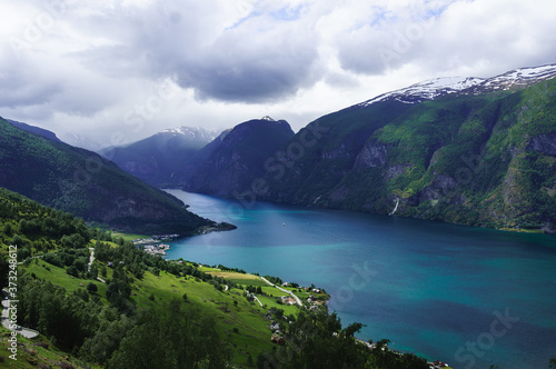 Famous Norwegian Fjord in the summer. Beautiful blue water. Aurlandsfjorden