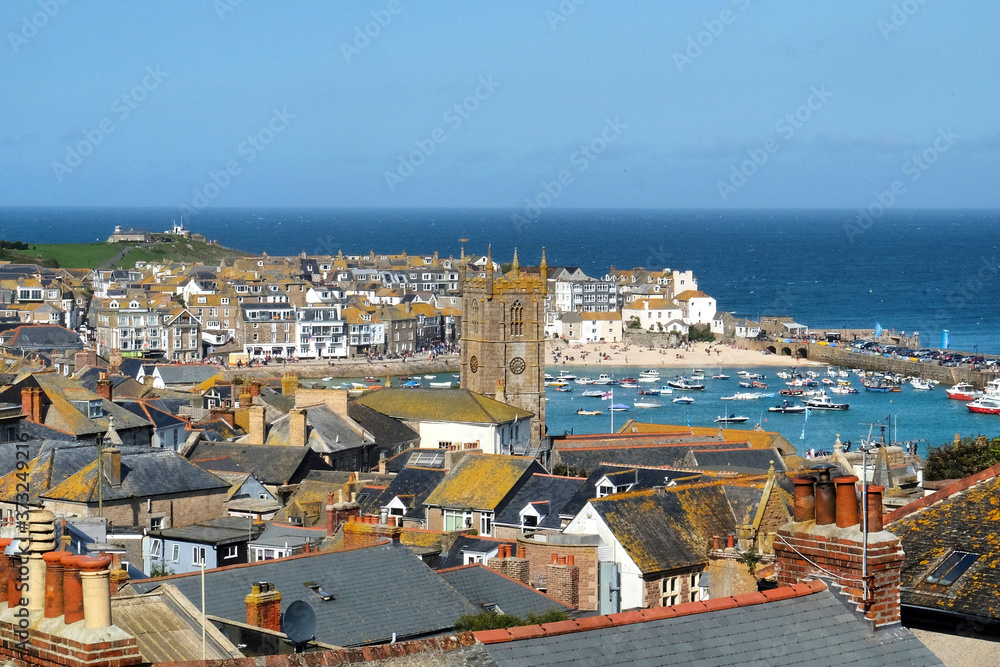 A view over the harbour and town beach of the seaside town of St Ives, Cornwall, England