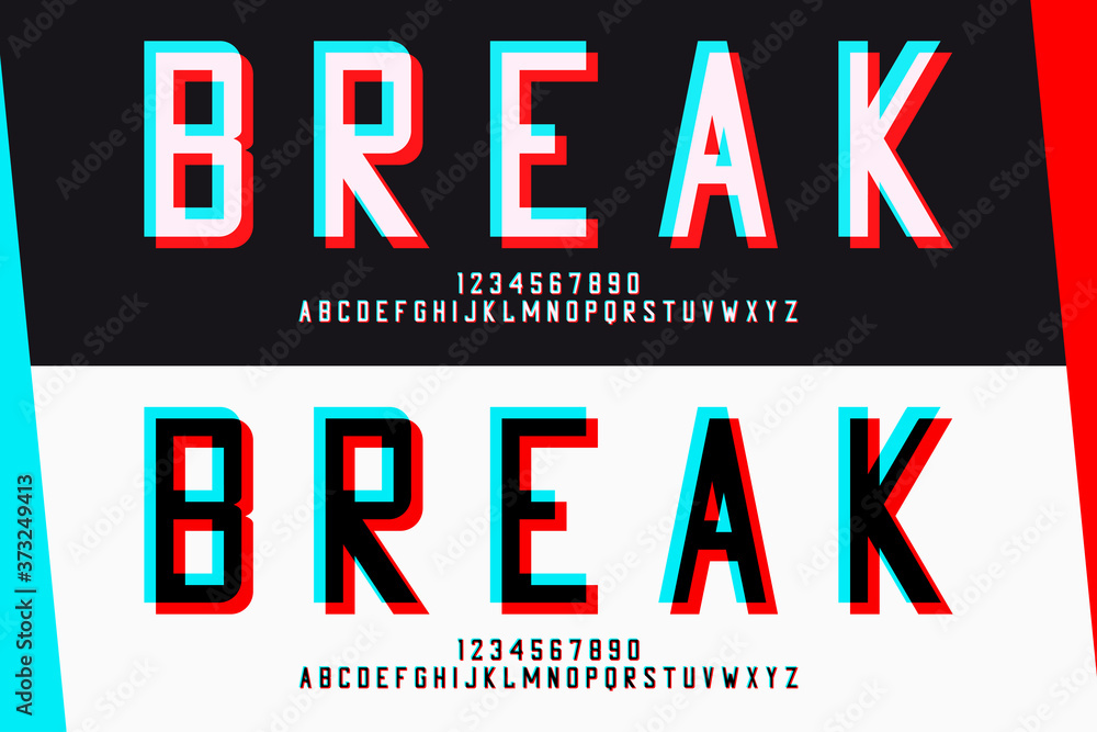 Glitch sanserif letters and numbers. Glitched alphabet design. Font