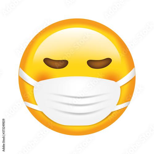 Vector emoji. Wearing mask face. Sad emoji. Happy. Cute emoticon isolated on white background.