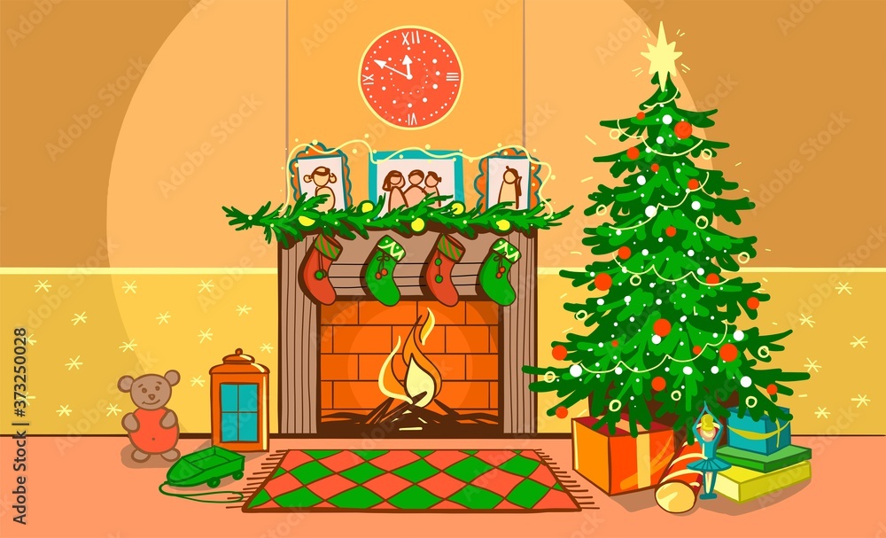 Christmas living room. Night interior on new year s eve with a fireplace, clock, garland with lights, Christmas tree, gifts, stockings. Holiday card in a flat style for greeting the winter season
