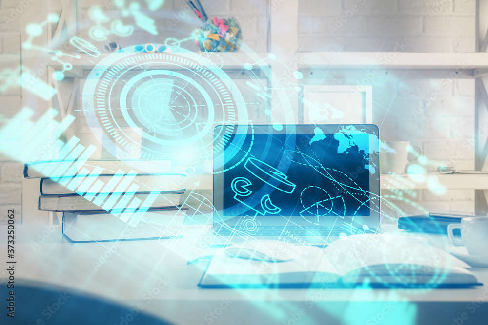 Multi exposure of business theme icons and table with computer background. Concept of success. Multi exposure of business theme icons and table with computer background. Concept of success.