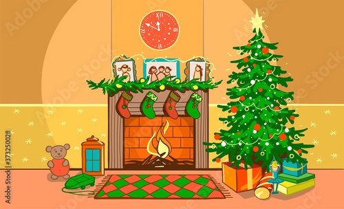 Christmas living room. Night interior on new year s eve with a fireplace, clock, garland with lights, Christmas tree, gifts, stockings. Holiday card in a flat style for greeting the winter season