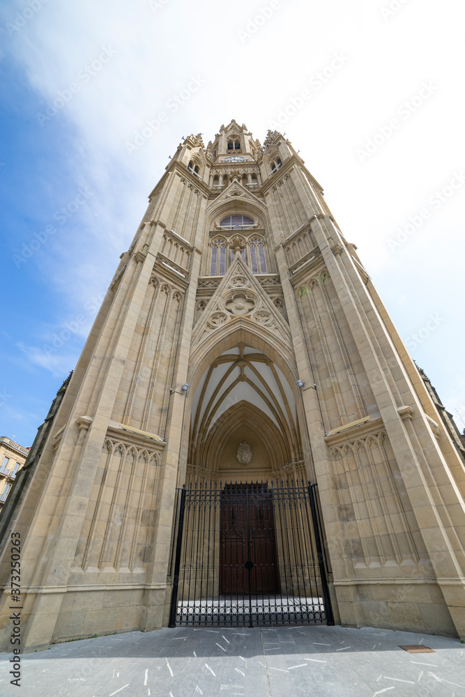 neo-gothic front door. Buen Pastor Cathedral in the city of San Sebastian, Basque Country, Spain.