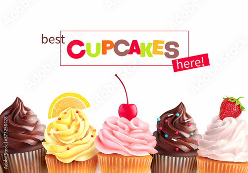 Promo background for cupcakes store. Vector illustration.