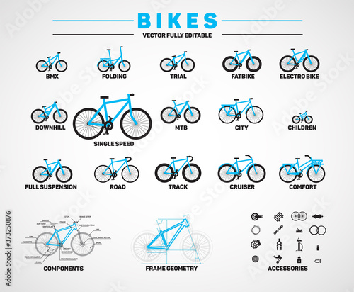 Bicycles various types and accessories.