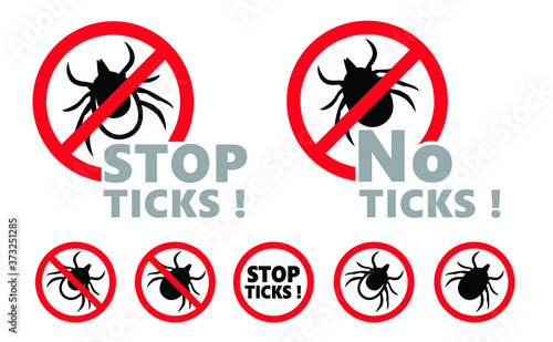 Stop halt, ticks.  Stop parasite icon Fun vector insect bite sign. Forbidding signs. Do not enter area. Not allowed zone. Symbol and pictogram icons. Blood, Novel SFTS virus
