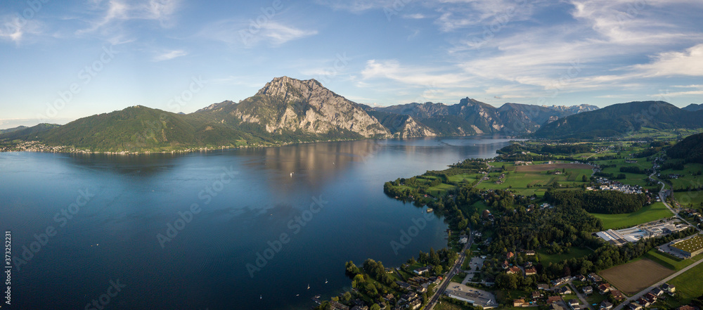 Gmunden / Altmünster Traunsee with Transtein in the background austrian lake aerial