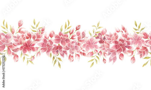 Seamless border with watercolor pink flowers, buds and leaves, single elements on a white background. Watercolor illustrations for design of postcards, weddings, invitations, fabrics, printing.