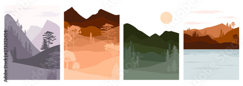 Set of abstract autumn landscape. Forest animals, hills of coniferous wood with mountains range, lake, river silhouette template. Editable vector illustration. 