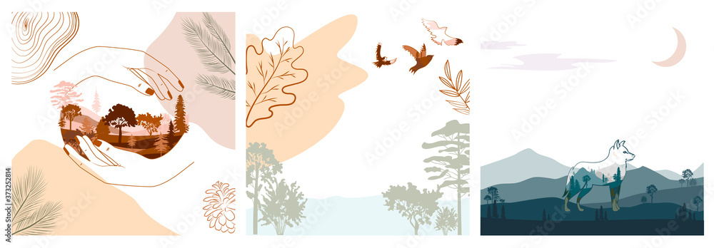 Set of abstract square background with autumn forest, animals, plants in one line style and abstract shapes. Background for mobile app page minimalistic style. Vector illustration Set of abstract square background with autumn forest, animals, plants in one line style and abstract shapes. Background for mobile app page minimalistic style. Vector illustration