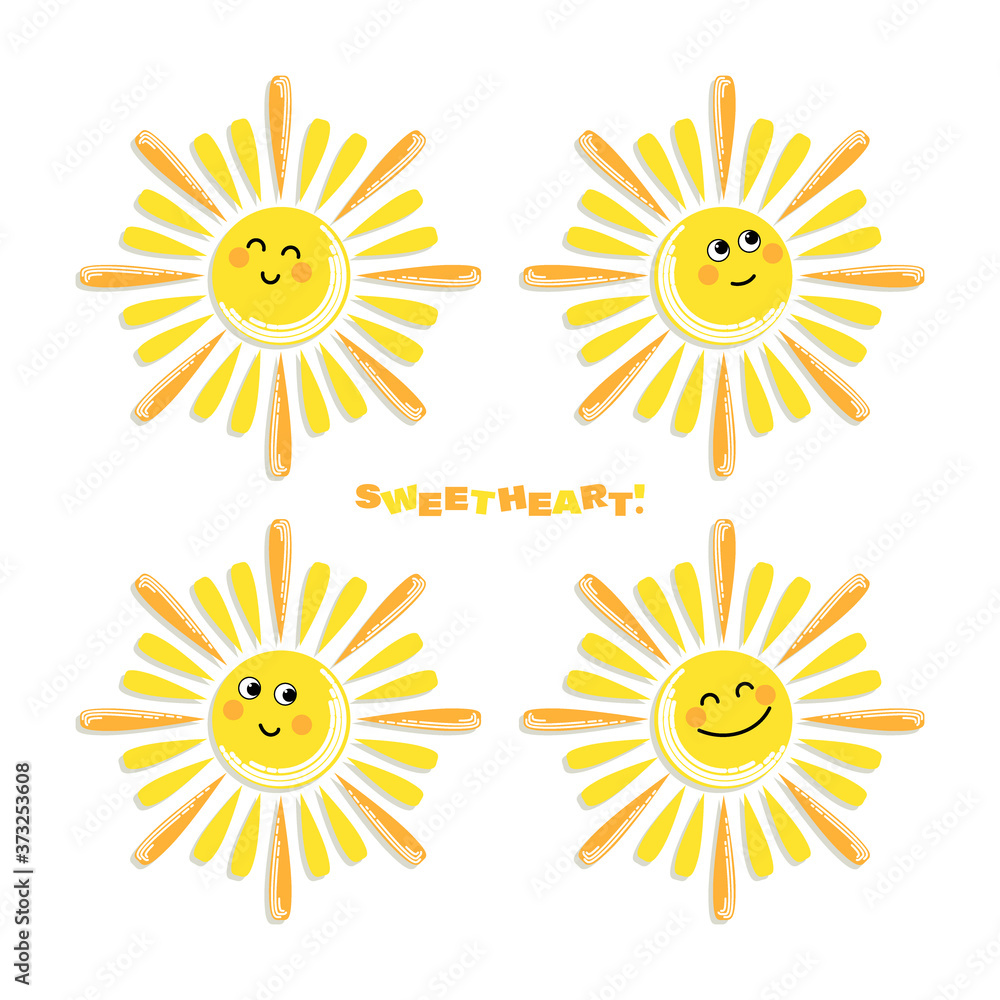 Cartoon suns. Set. SWEETHEART. Funny characters for toddlers background.Newborn clothes. Cartoon suns. Set. SWEETHEART. Funny characters for toddlers background.Newborn clothes.
