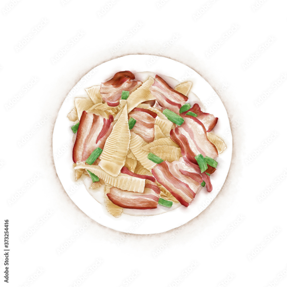 Watercolor Illustration of Chinese Cuisine - Stir-fried bacon with winter bamboo shoots on a plate | 冬笋炒腊肉