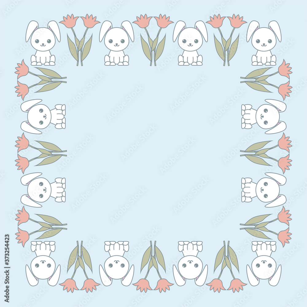 Cute frame with cartoon funny rabbits and flowers. Romantic design for a postcard. Vector kawaii illustration.