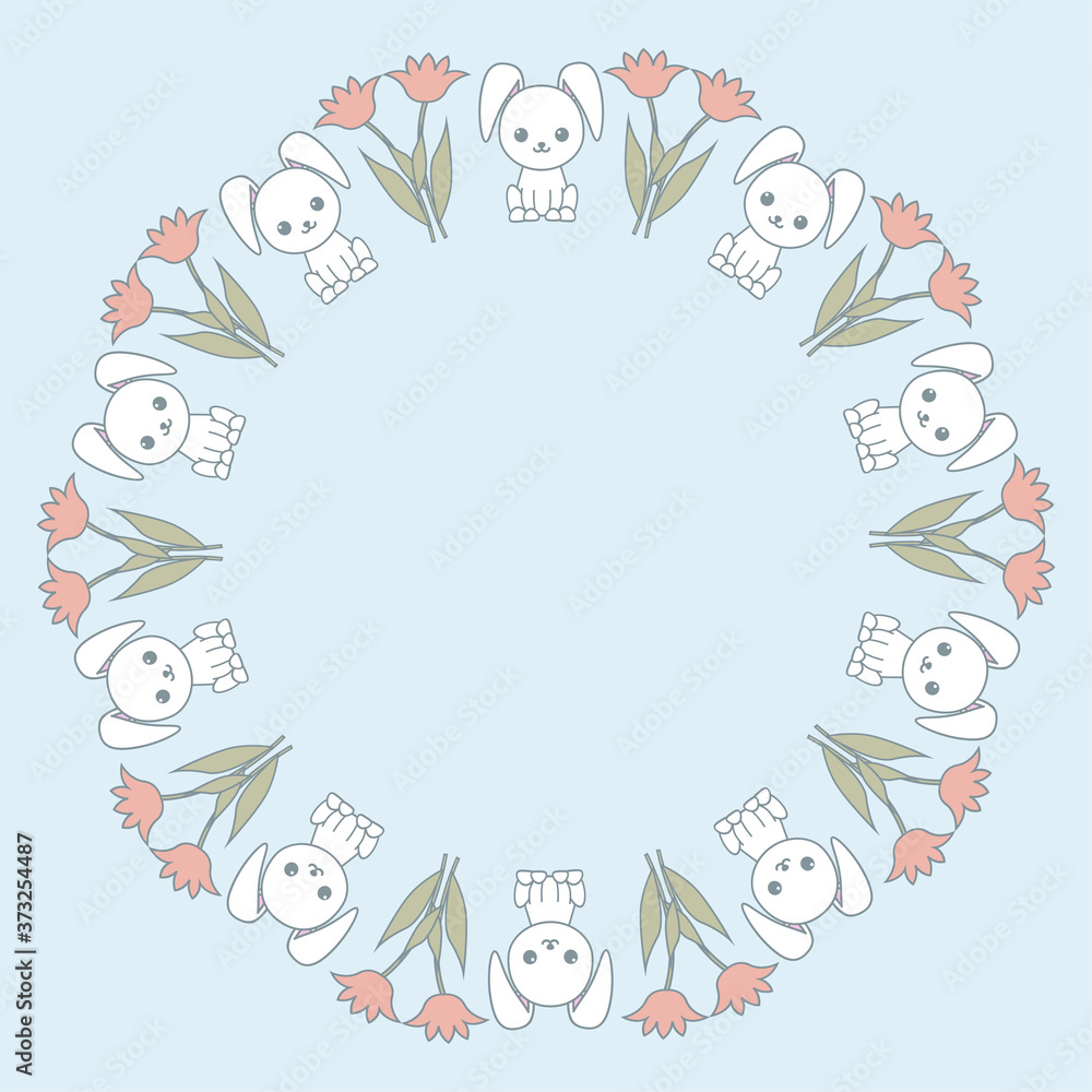 Cute frame with cartoon funny rabbits and flowers. Romantic design for a postcard. Vector kawaii illustration.