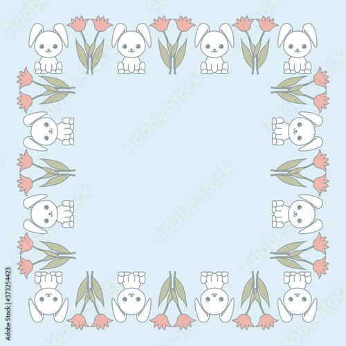 Cute frame with cartoon funny rabbits and flowers. Romantic design for a postcard. Vector kawaii illustration.
