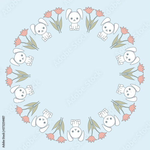 Cute frame with cartoon funny rabbits and flowers. Romantic design for a postcard. Vector kawaii illustration.