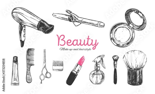 Beauty store background with make up artist and hairdressing objects lipstick, cream, brush. Template Vector. Hand drawn isolated objects