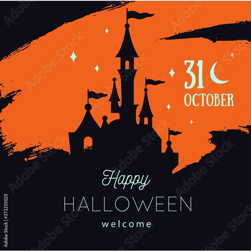 Vector Halloween party invitations or sale poster, banner. Festive autumn background with castle silhouettes