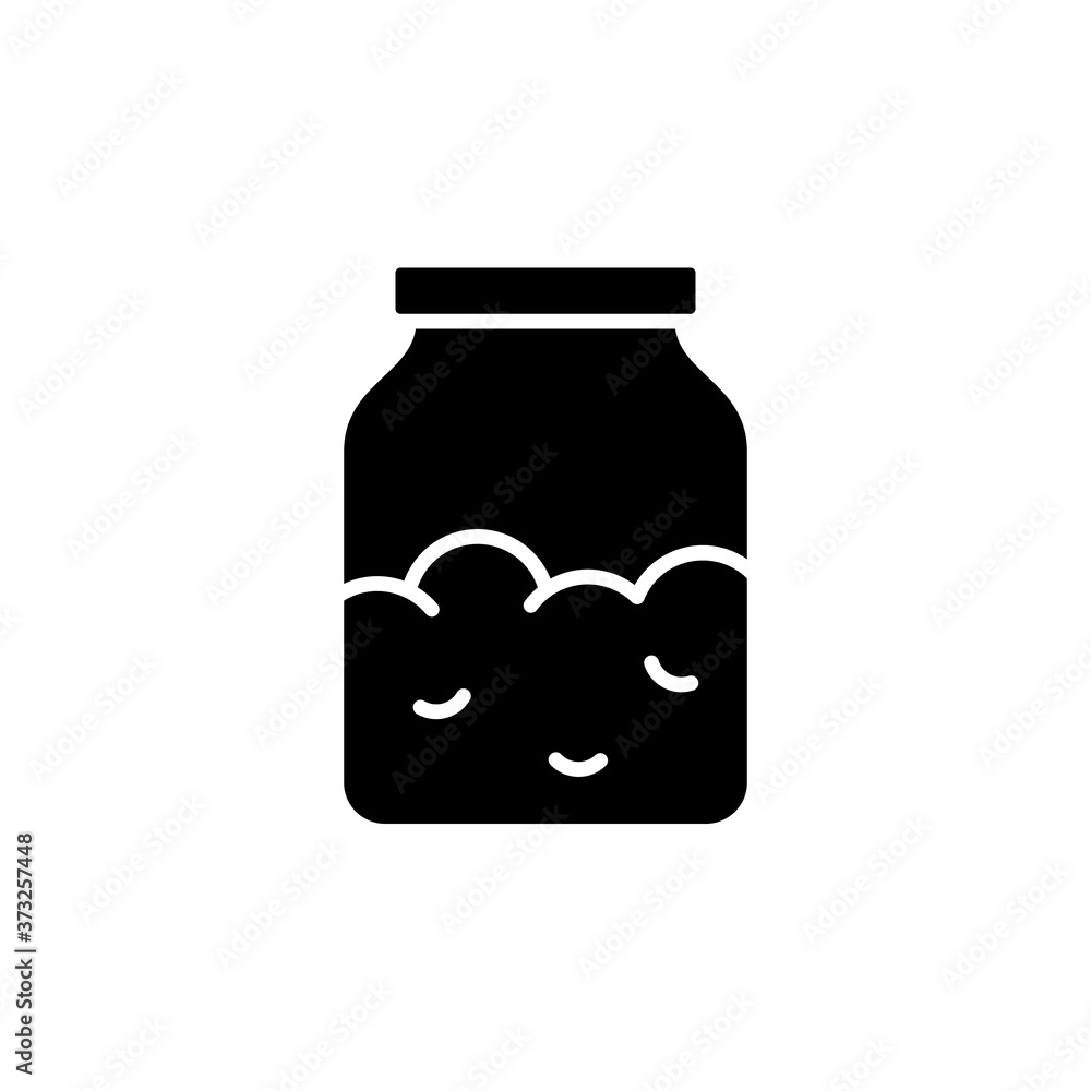 Kitchen glass bottle with dry powder, cooking ingredient. Silhouette icon of sourdough, yeast starter in jar. Black pictogram of groats, salt, sugar, oatmeal or cereal. Flat vector, white background Kitchen glass bottle with dry powder, cooking ingredient. Silhouette icon of sourdough, yeast starter in jar. Black pictogram of groats, salt, sugar, oatmeal or cereal. Flat vector, white background
