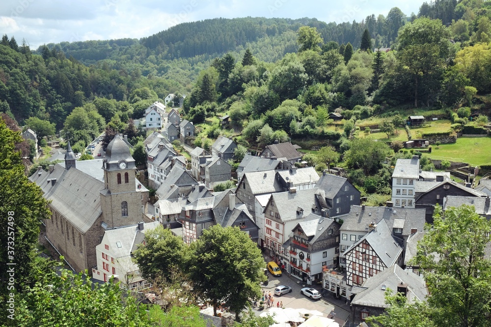 A view overlooking The historic half timbered houses of pretty Monschau's medieval centre.