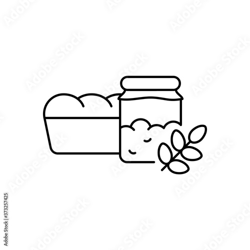 Yeast starter for wheat bread. Linear icon of sourdough in jar, loaf of bread, ear of grain. Black illustration of homemade natural bakery products. Contour isolated vector pictogram, white background