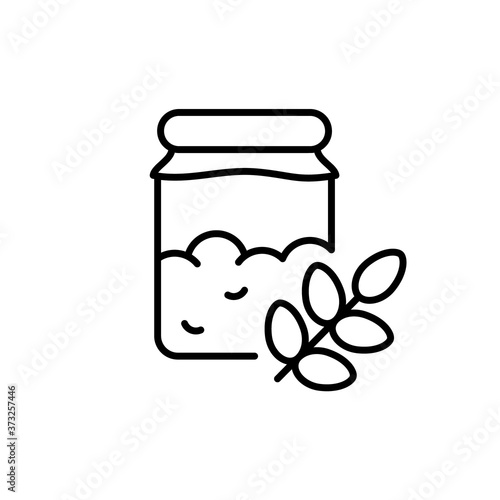 Yeast starter in glass jar with ear of wheat. Line art icon of fresh raw sourdough for bread. Black pictogram of fermentation process with natural ingredient. Contour isolated vector, white background