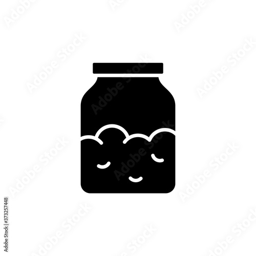 Kitchen glass bottle with dry powder, cooking ingredient. Silhouette icon of sourdough, yeast starter in jar. Black pictogram of groats, salt, sugar, oatmeal or cereal. Flat vector, white background