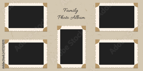 Family portrait pictures in frames on albom. Vector page of photo album, with photo frames and corner.

