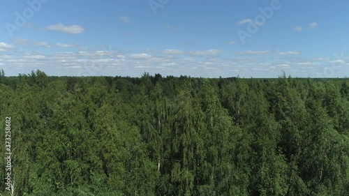 Narrow curved river surrounded by deciduous trees on the banks on a sunny spring day. Shot. Aerial view of a quiet village with small houses on blue cloudy sky background.